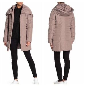 COLE HAAN Zip Front Down Long Puffer Hooded Jacket Cashew Brown NWT